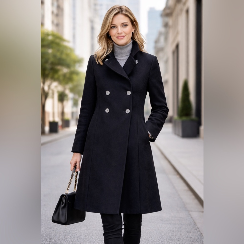 Vintage Central Park International 100% Wool Black Double Breasted Long Coat